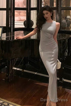 Elegant Sheath Scoop Neckline Dusty Blue Slit Prom Dresses Birthday Outfits Prom Gowns