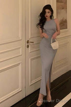 Elegant Sheath Scoop Neckline Dusty Blue Slit Prom Dresses Birthday Outfits Prom Gowns