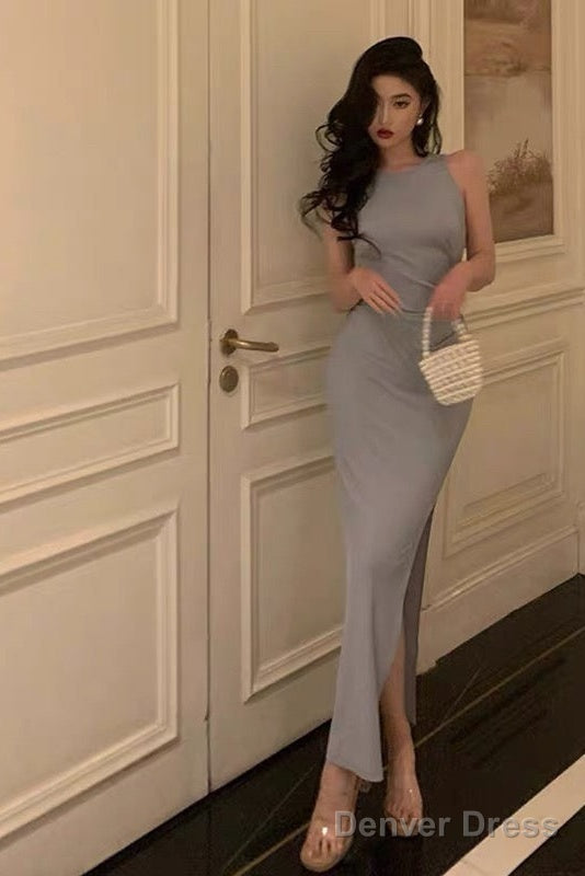 Elegant Sheath Scoop Neckline Dusty Blue Slit Prom Dresses Birthday Outfits Prom Gowns