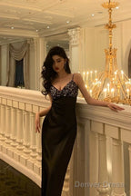 Elegant Sheath Spaghetti Straps Black Satin Prom Dresses Birthday Outfits Evening Gown