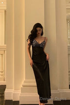 Elegant Sheath Spaghetti Straps Black Satin Prom Dresses Birthday Outfits Prom Gowns
