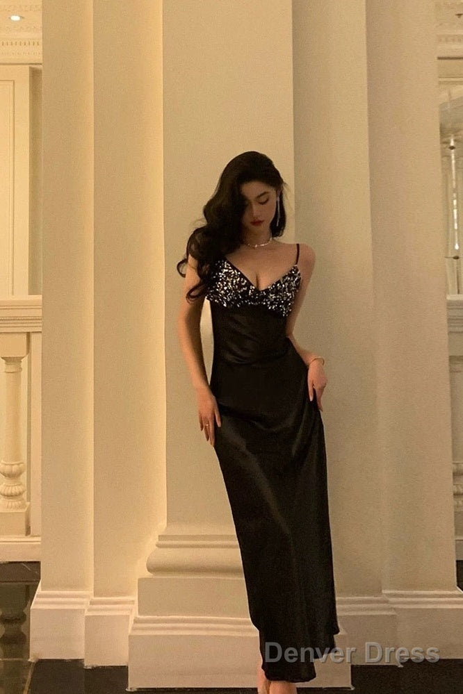 Elegant Sheath Spaghetti Straps Black Satin Prom Dresses Birthday Outfits Prom Gowns