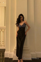 Elegant Sheath Spaghetti Straps Black Satin Prom Dresses Birthday Outfits Prom Gowns