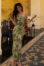 Elegant Sheath Spaghetti Straps Floral Green Prom Dresses Birthday Outfits Prom Gowns