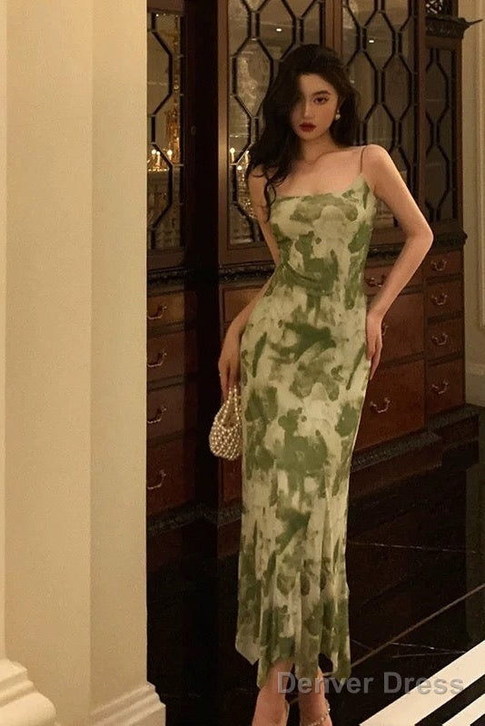 Elegant Sheath Spaghetti Straps Floral Green Prom Dresses Birthday Outfits Prom Gowns