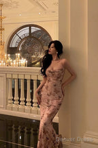 Elegant Sheath Spaghetti Straps Floral Pink Prom Dresses Birthday Outfits Prom Gowns