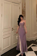 Elegant Sheath Spaghetti Straps Lilac Long Satin Prom Dresses Birthday Outfits Evening Gown
