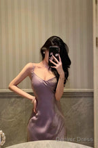 Elegant Sheath Spaghetti Straps Lilac Long Satin Prom Dresses Birthday Outfits Prom Gowns