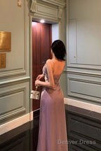 Elegant Sheath Spaghetti Straps Lilac Long Satin Prom Dresses Birthday Outfits Prom Gowns
