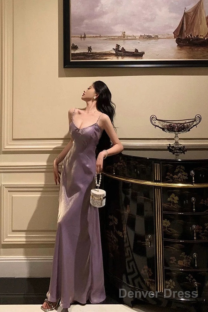 Elegant Sheath Spaghetti Straps Lilac Long Satin Prom Dresses Birthday Outfits Prom Gowns