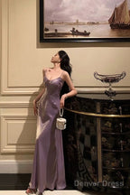 Elegant Sheath Spaghetti Straps Lilac Long Satin Prom Dresses Birthday Outfits Prom Gowns