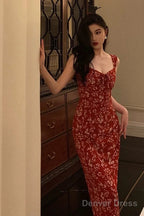 Elegant Sheath Spaghetti Straps Red Floral Prom Dresses Birthday Outfits Prom Gowns