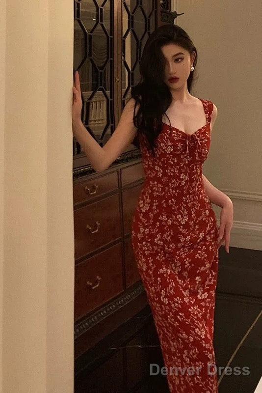 Elegant Sheath Spaghetti Straps Red Floral Prom Dresses Birthday Outfits Prom Gowns
