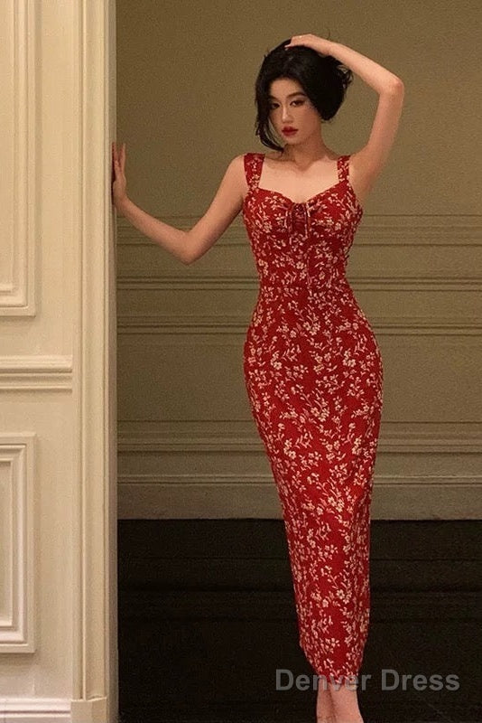Elegant Sheath Spaghetti Straps Red Floral Prom Dresses Birthday Outfits Prom Gowns