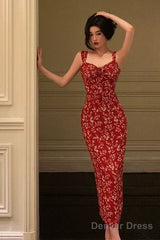 Elegant Sheath Spaghetti Straps Red Floral Prom Dresses Birthday Outfits Evening Gown