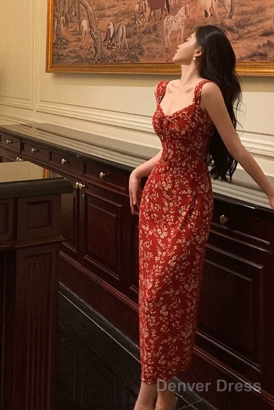Elegant Sheath Spaghetti Straps Red Floral Prom Dresses Birthday Outfits Prom Gowns