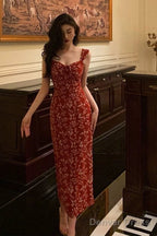 Elegant Sheath Spaghetti Straps Red Floral Prom Dresses Birthday Outfits Prom Gowns