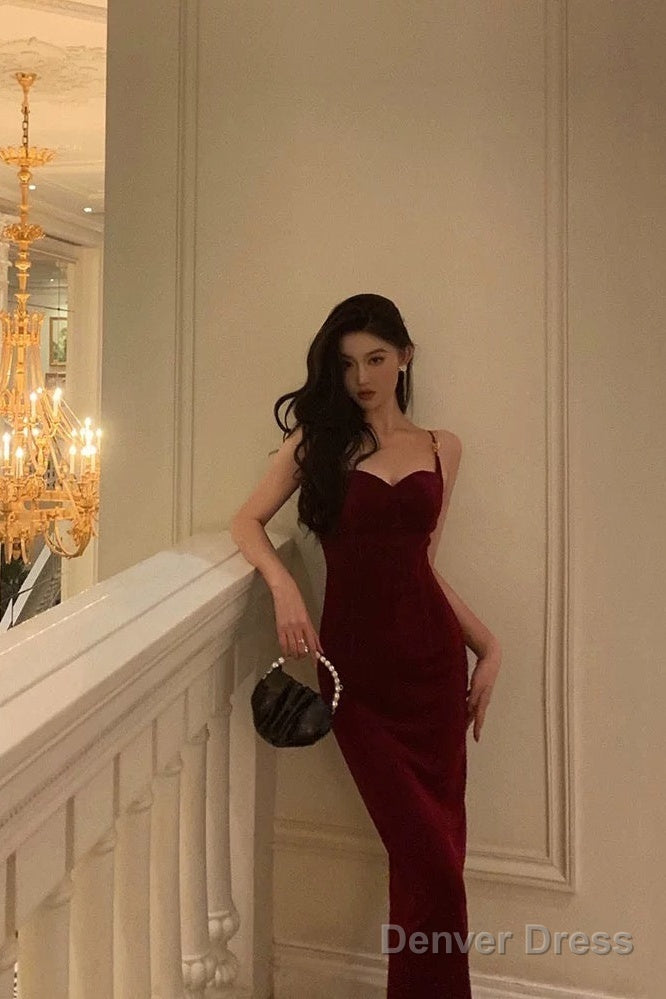 Elegant Sheath Spaghetti Straps Red Velvet Prom Dresses Birthday Outfits Prom Gowns