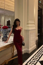 Elegant Sheath Spaghetti Straps Red Velvet Prom Dresses Birthday Outfits Prom Gowns