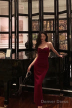 Elegant Sheath Spaghetti Straps Red Velvet Prom Dresses Birthday Outfits Prom Gowns