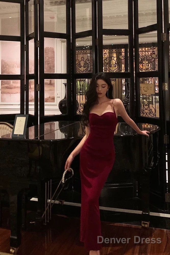 Elegant Sheath Spaghetti Straps Red Velvet Prom Dresses Birthday Outfits Prom Gowns