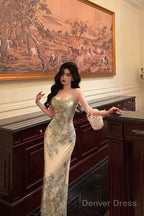 Elegant Sheath Spaghetti Straps Sage Green Floral Prom Dresses Birthday Outfits Prom Gowns