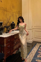 Elegant Sheath Spaghetti Straps Sage Green Floral Prom Dresses Birthday Outfits Prom Gowns