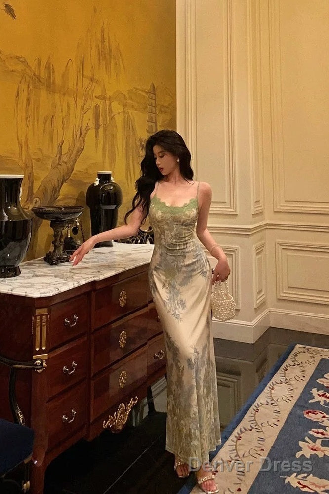 Elegant Sheath Spaghetti Straps Sage Green Floral Prom Dresses Birthday Outfits Prom Gowns