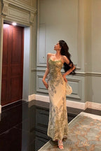 Elegant Sheath Spaghetti Straps Sage Green Floral Prom Dresses Birthday Outfits Prom Gowns