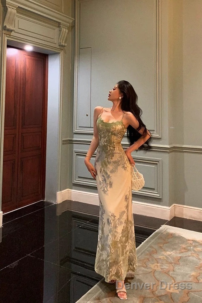 Elegant Sheath Spaghetti Straps Sage Green Floral Prom Dresses Birthday Outfits Prom Gowns