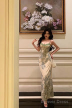 Elegant Sheath Spaghetti Straps Sage Green Floral Prom Dresses Birthday Outfits Prom Gowns