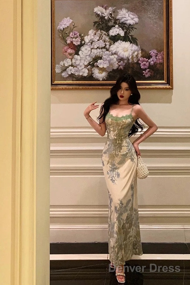 Elegant Sheath Spaghetti Straps Sage Green Floral Prom Dresses Birthday Outfits Prom Gowns