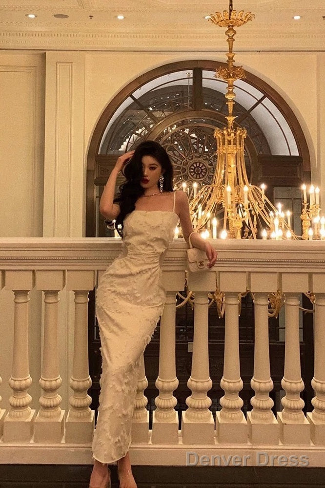 Elegant Sheath Spaghetti Straps White Prom Dresses Birthday Outfits Prom Gowns