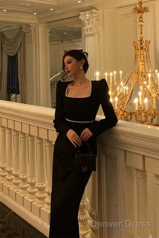 Elegant Sheath Square Neckline Black Velvet Prom Dresses Birthday Outfits Prom Gowns