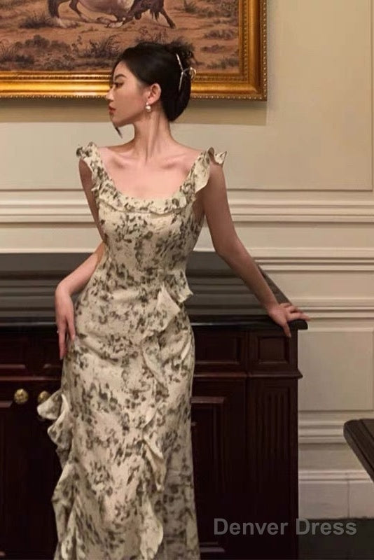 Elegant Sheath Square Neckline Floral Slit Prom Dresses Birthday Outfits Prom Gowns
