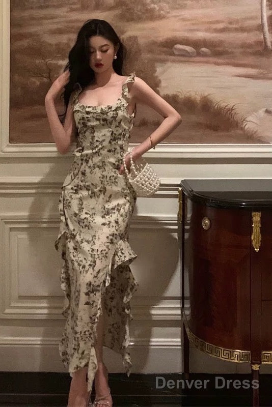 Elegant Sheath Square Neckline Floral Slit Prom Dresses Birthday Outfits Prom Gowns