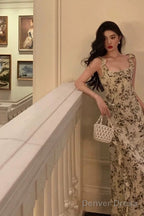Elegant Sheath Square Neckline Floral Slit Prom Dresses Birthday Outfits Prom Gowns