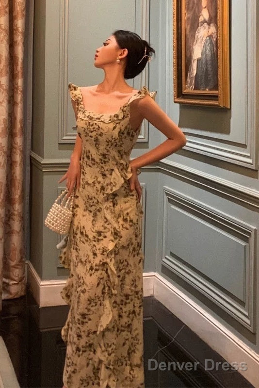 Elegant Sheath Square Neckline Floral Slit Prom Dresses Birthday Outfits Prom Gowns