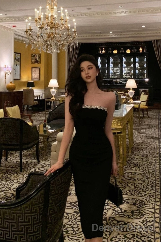 Elegant Sheath Strapless Black Prom Dresses Beads Birthday Outfits Evening Gown