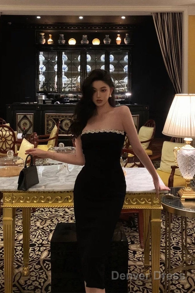 Elegant Sheath Strapless Black Prom Dresses Beads Birthday Outfits Prom Gowns