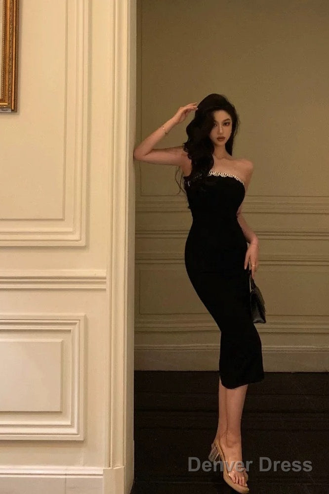 Elegant Sheath Strapless Black Prom Dresses Beads Birthday Outfits Prom Gowns