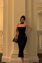 Elegant Sheath Strapless Black Prom Dresses Birthday Outfits Evening Gown