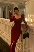 Elegant Sheath Strapless Red Slit Prom Dresses Beads Birthday Outfits Prom Gowns