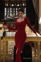 Elegant Sheath Strapless Red Slit Prom Dresses Beads Birthday Outfits Prom Gowns