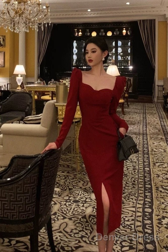 Elegant Sheath Strapless Red Slit Prom Dresses Beads Birthday Outfits Prom Gowns