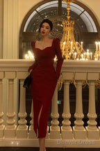 Elegant Sheath Strapless Red Slit Prom Dresses Beads Birthday Outfits Prom Gowns