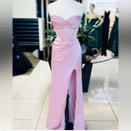 Elegant Sheath Sweetheart Sequin Pink Satin Slit Prom Dress