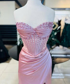 Elegant Sheath Sweetheart Sequin Pink Satin Slit Prom Dress