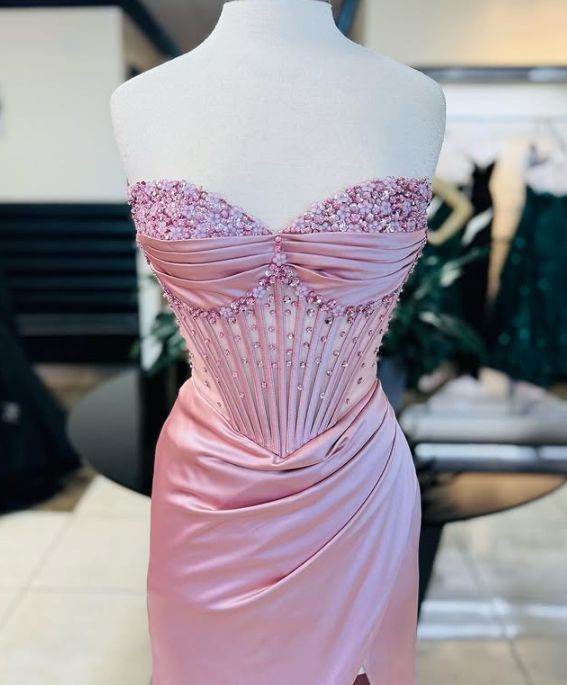 Elegant Sheath Sweetheart Sequin Pink Satin Slit Prom Dress