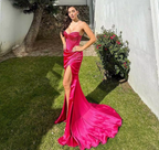 Elegant Sheath Sweetheart Sequin Pink Satin Slit Prom Dress